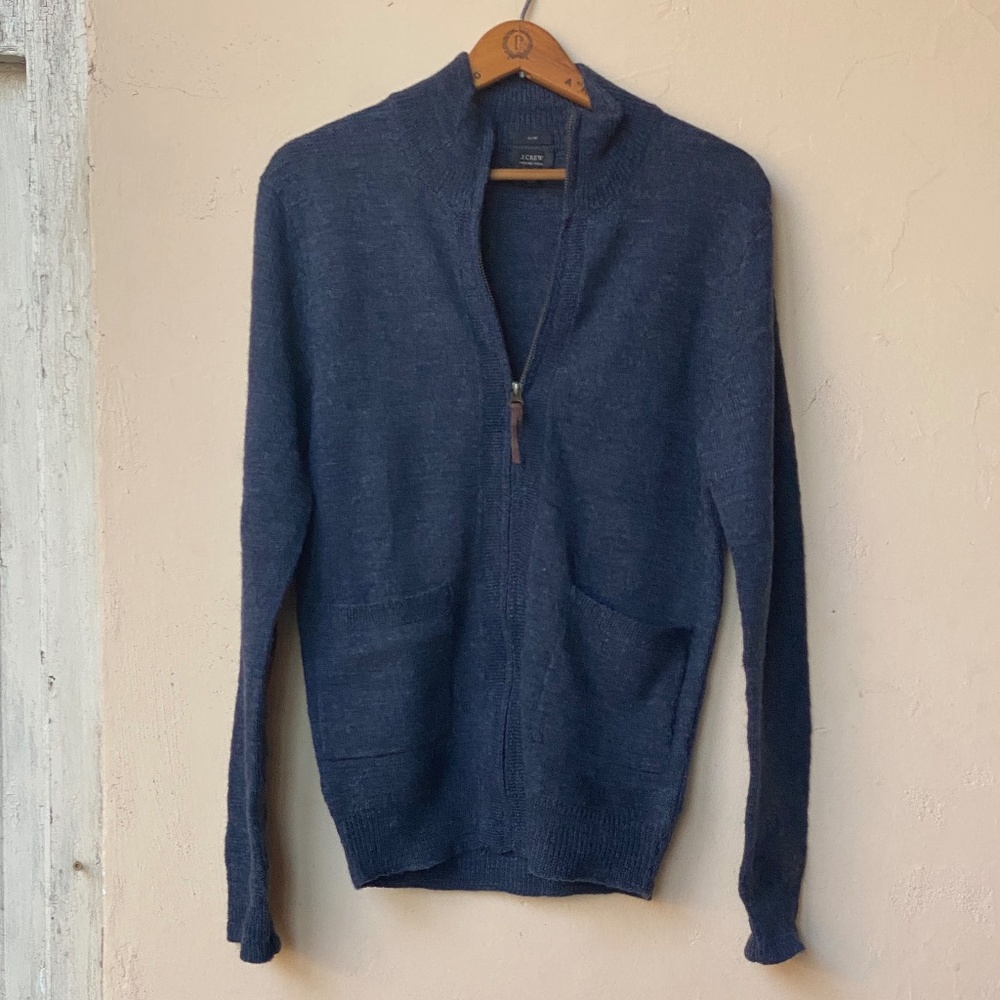 J Crew Blue Knit Merino Zip Cardigan S